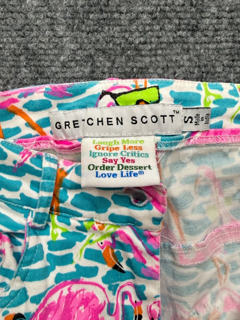 Gretchen Scott Flamingo Print Pants Small Women Blue Pink Tropical Slit Ankle - Picture 7 of 8